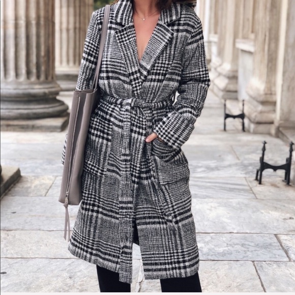 Chenelle Plaid Belted Coat - Black & White - Picture 6 of 7